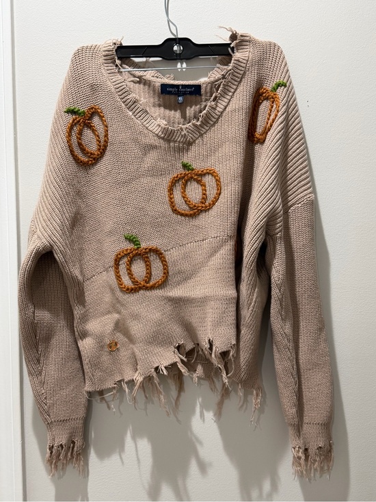 Simply Southern Sweaters - Simply Southern Beige V‑Neck Distressed Pumpkin Sweater